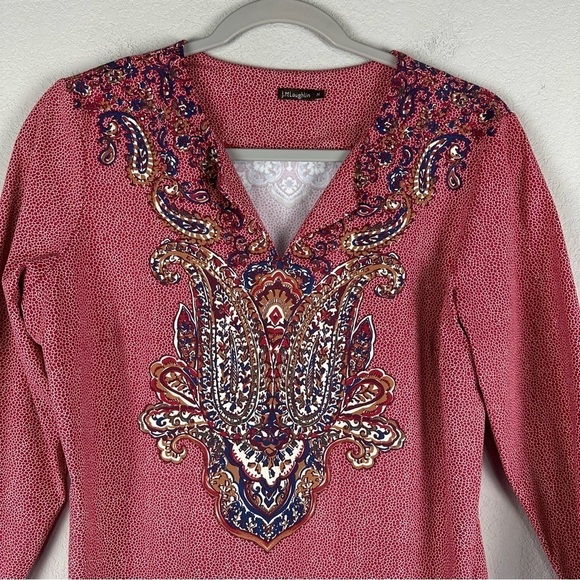 J. McLaughlin Red Paisley V-Neck 3/4 Sleeve Catalina Cloth Top Size Medium - Picture 2 of 8
